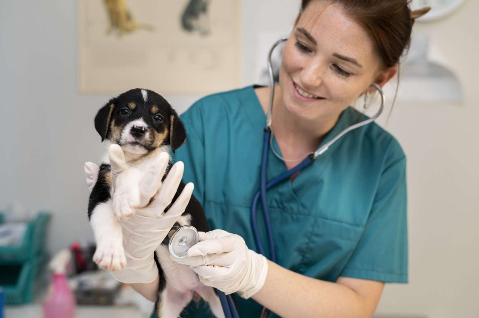Veterinario examinando de cerca a un perro, empleo de veterinario en Alemania